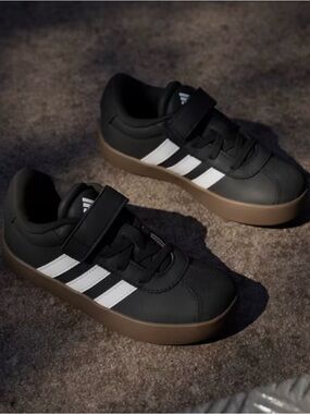 adidas Kids Black Sneakers with White Stripes and Brown Sole